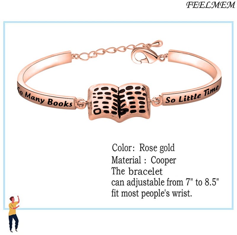 FEELMEM EELMEM Book Lover Gifts So Many Books So Little Time Book Charm Bracelet Bookworm Jewelry Reader Gift Librarian Gift (Rose gold) - Image 2